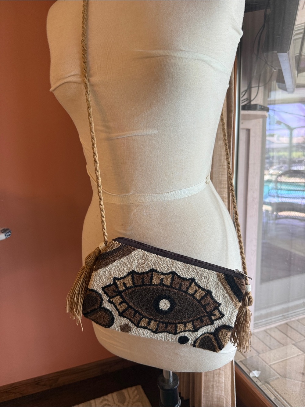 Beaded Eye Wayu Crossbody Bag in Brown and Cream